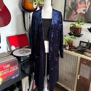Long Navy Blue Velvet Velour Cardigan With Pockets